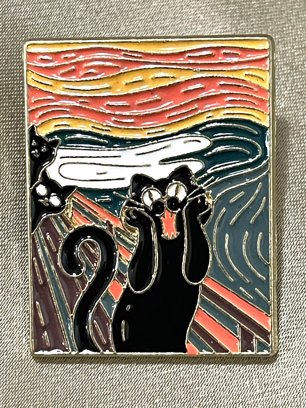 NWOT Black Cat Scream Brooch Lapel Pin Enamel Art Edvard Munch Style